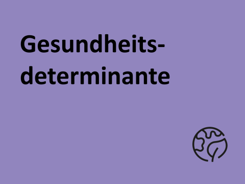 Text "Gesundheitsdeterminante", Hintergrund violett, Symbol: Erdkugel mit Blatt