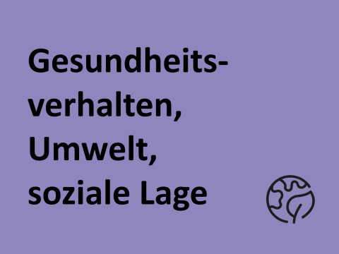 Text "Gesundheitsverhalten, Umwelt und soziale Lage", Hintergrund violett, Symbol: Erdkugel mit Blatt