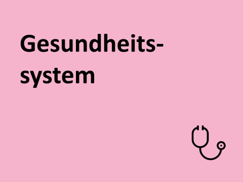 Text "Gesundheitssystem", Hintergrund rosa, Symbol: Stethoskop
