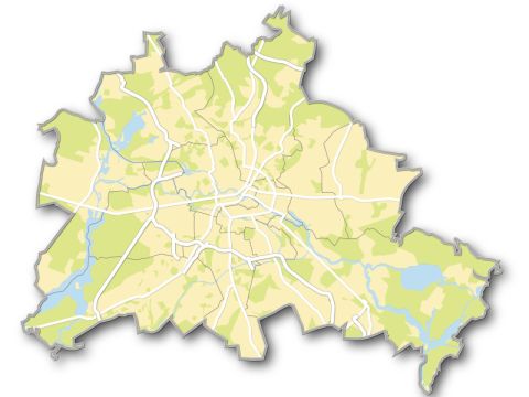 Umriss Berlins mit Bezirksgrenzen, Wasser- und Straßenläufen